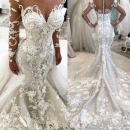 Bruiloft bloemen zeemeermin vintage 3D -jurken met afneembare trein lange mouwen kanten appliques plus size Afrikaanse bruidsjurk