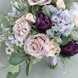 Bruiloft bloemen gemengde nep paarse zijde rozenboeketten voor bruid pography props European Holding Ramos de boda novias