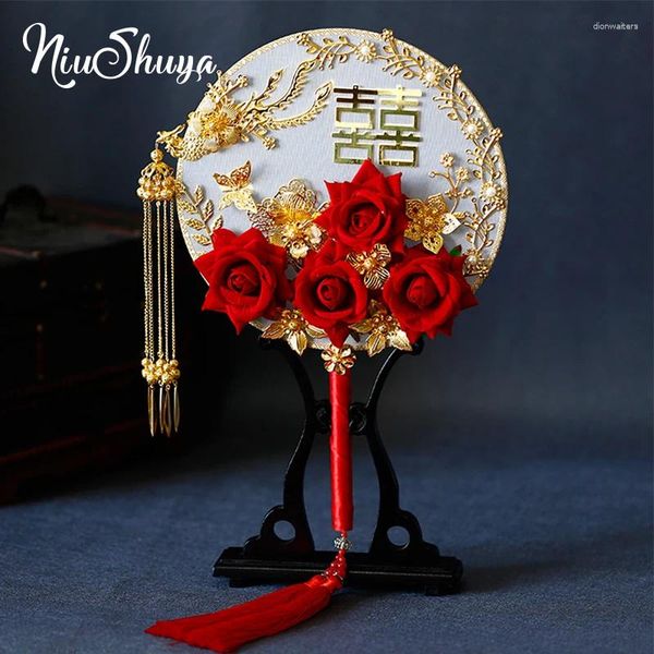 Fleurs de mariage NiuShuya exquis chinois fait à la main ventilateur 3D Roses rouges Double face main or Phoenix Costume accessoires de photographie