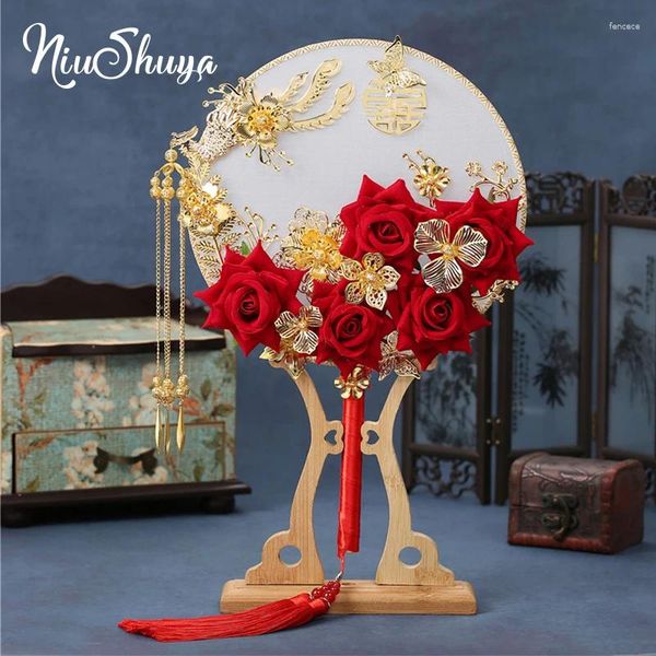 Fleurs de mariage NiuShuya fait à la main rétro chinois or bouquets de mariée ventilateur artificiel 3D main ronde Ramo De Novia