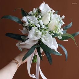 Bruiloft bloemen nzuk calla lelie bloem bruid boeket broche zijden lint buque de noiva para casamento mariage