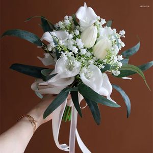 Fleurs de mariage nzuk calla lily flower maride bouquet broche rubbon en soie bque de noiva para casamento mariage