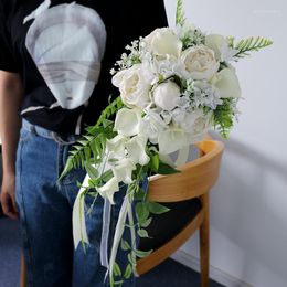 Wedding Flowers Nzuk Cascading Bridal Bouquet Artificial White Peony de Fleur Mariage Hand Orchid Waterfall