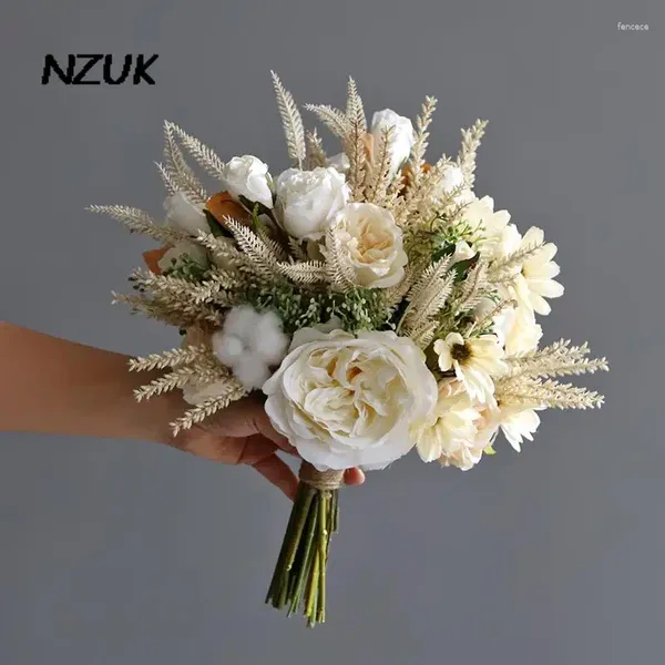 Fleurs de mariage NZUK Design Faux Bouquet de soie Fleur artificielle 2023 Blanc Champagne Rose Bouquets de mariée vintage