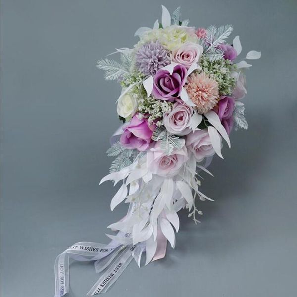 Fleurs de mariage NZUK Purple Cascade Bouquet De Mariée Demoiselle D'honneur Rapide Tenant Flowes Boque De Noiva Mariage