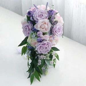 Fleurs de mariage NZUK Purple Waterfall Bouquet de mariée artificielle Roses Roses Bouquets européens faux accessoires
