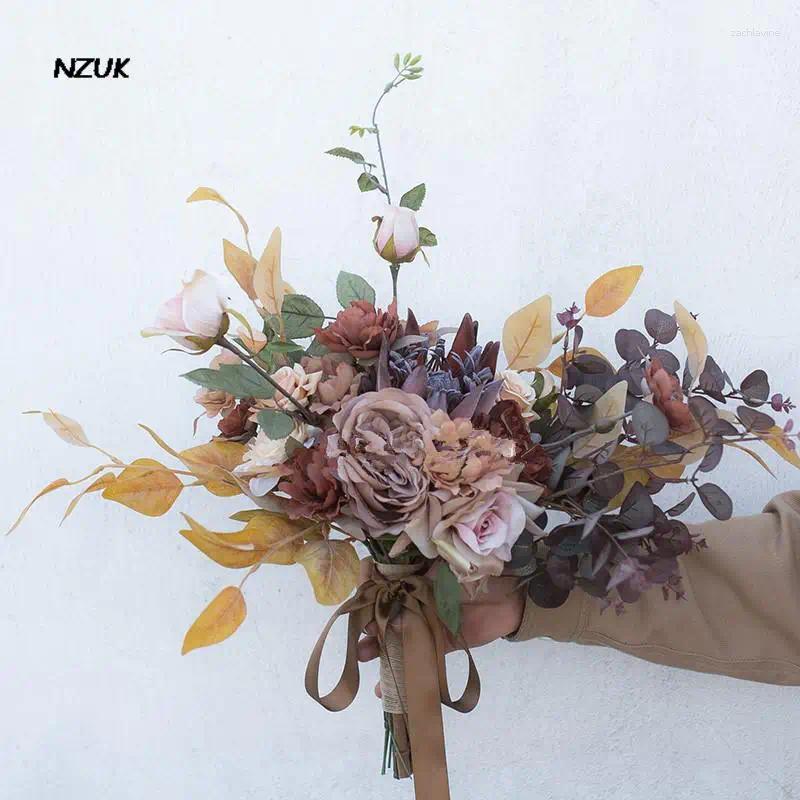Свадебные цветы NZUK Винтажные розы Букет невесты Искусственная дефолиация Холдинг De Mariage Pour Table Accesorios