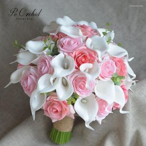 Fleurs de mariage PEORCHID Baby Pink Toss Bouquet Roses Artificielles Lys Calla Real Touch Pale Rustic Bridal