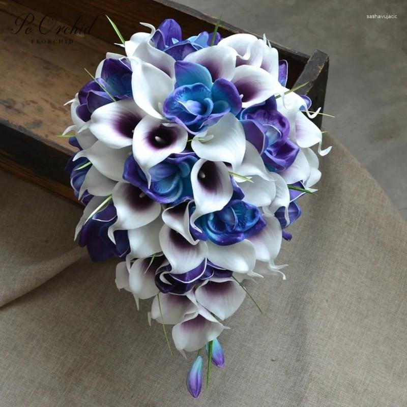Wedding Flowers PEORCHID Beach Blue Purple Bridal Bouquets For Hand Holding Real Touch Orchids Calla Lilies Cacading