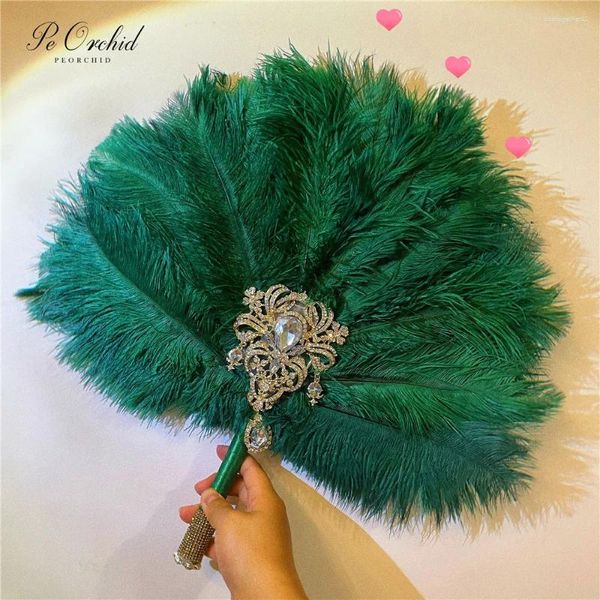 Fleurs de mariage Peorchid Crystal Fan de mariée Bouquet alternative Green Feather Gatsby 1902s Bouquet de broche d'or rugissant à main