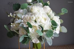 Wedding Flowers PEORCHID Faux White Greenery Boho Bouquets Real Touch Roses Eucalyptus Beach Spring Winter Bridal Bouquet High Quality