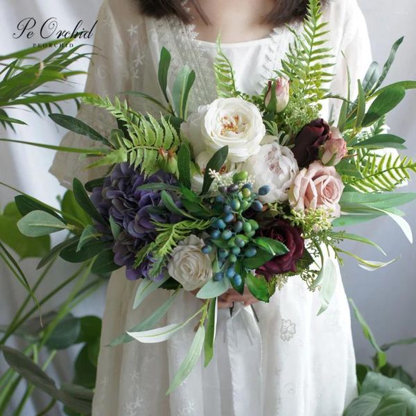 Flores de boda PEORCHID Verde Blanco Púrpura Ramo de novia Estilo rural francés europeo Rosa Peonía Novia Bosque 2024