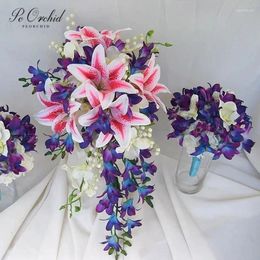 Wedding Flowers Peorchid Lily of Valley Bridal Cascade Bouquet Da Sposa Lelies Pink Flower Artificial White Blue Orchids Silk