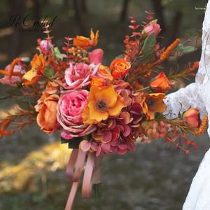 Flores de boda PEORCHID lujoso ramo naranja elegante otoño Artificial falso rosa tirar ramo de novia con flor 2024