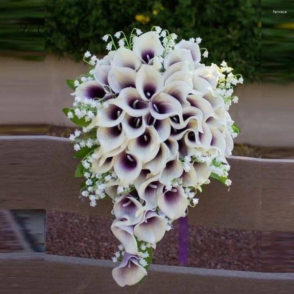 Flores de boda PEORCHID Púrpura Blanco Cascada Ramo Novia Sosteniendo Calla Lillies Lirio de los Valles Cascada Nupcial