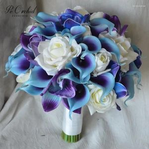 Bruiloft Bloemen PEORCHID Real Touch Blauw Paars Bruidsboeket Calla Lelie Ivoor Kunstrozen Orchideeën Zijde Hand