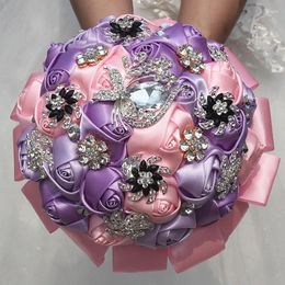 Fleurs de mariage Rose Violet Bouquets Perles Cristal Artificiel Doux 15 Accessoires Quinceanera W2293
