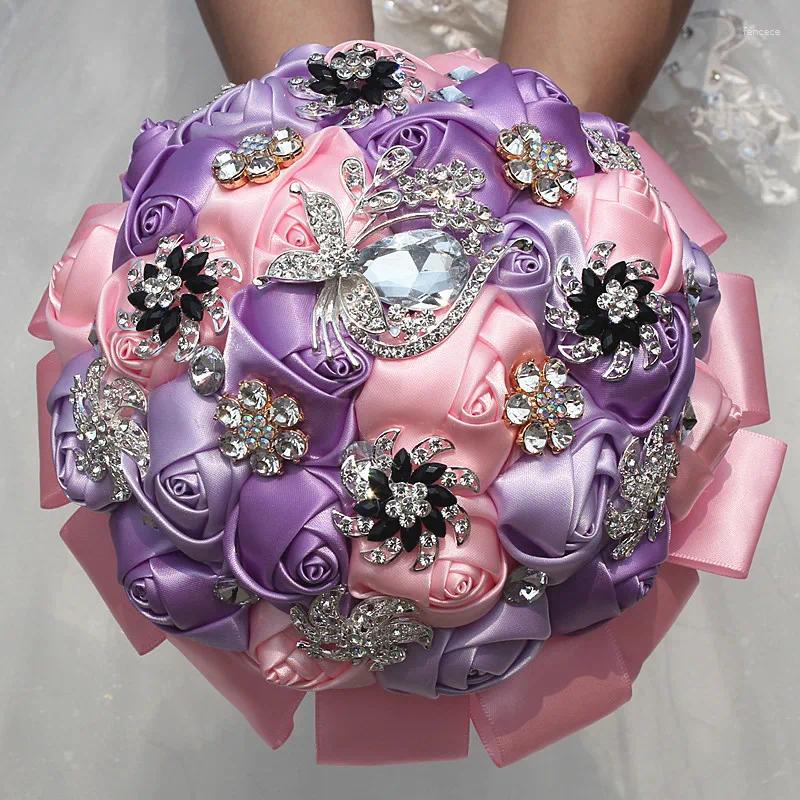 Wedding Flowers Pink Purple Bouquets Pearls Artificial Crystal Sweet 15 Quinceanera Accesories W2293