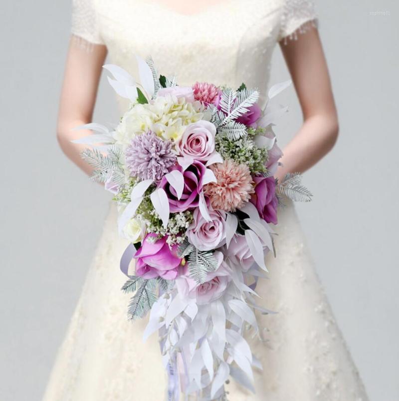 Flores de casamento Rosa Roxo Gota de água Cachoeira Elegante Bouquet Artificial Carla Lily Noiva Noiva Noiva Noiva 2023