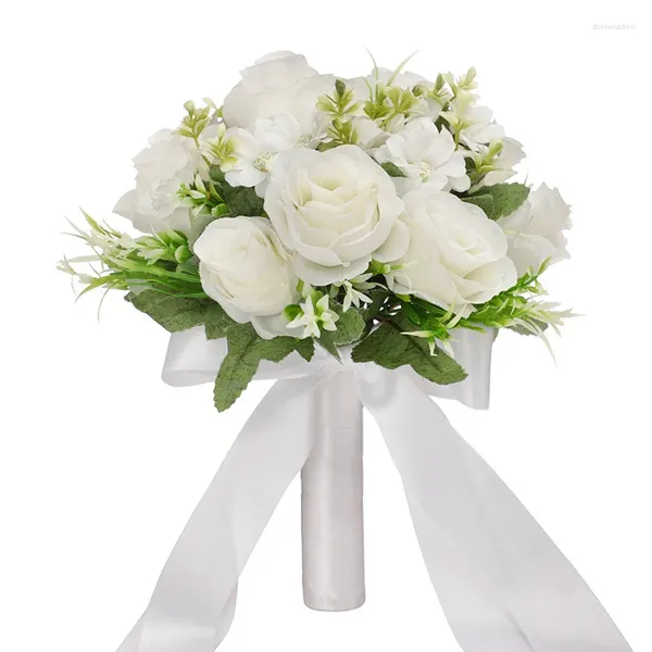 Flores de boda rosa blanco ramo cinta de raso rosas dama de honor nupcial Artificial celebración Mariage fiesta decoración del hogar