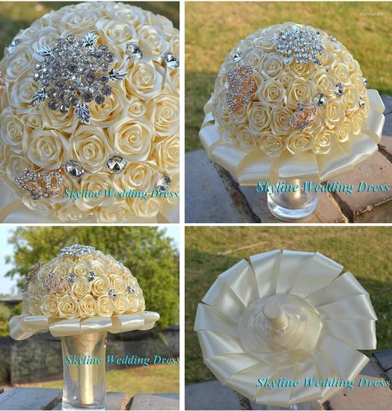 Fleurs de mariage Real Pos, superbes Bouquets de mariée de demoiselle d'honneur dorée, Bouquet de couronne de roses en cristal artificiel