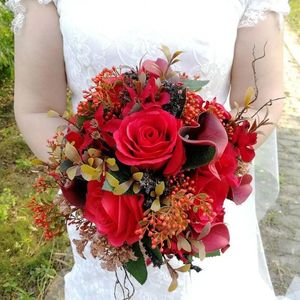 Fleurs De mariage vraie touche Rose fleurie avec cerise cochenille Calla Lily Bouquet artificiel Ramilletes De Flores Para Boda