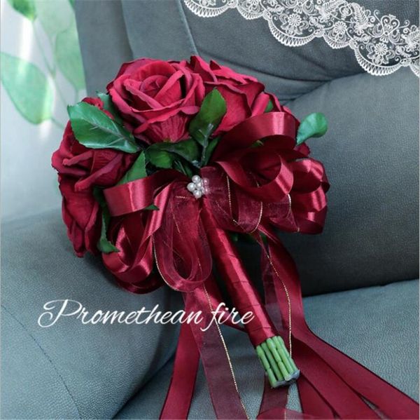 Flores de boda Ramos artificiales rojos Rosa Novia Cinta Ramo De Mariage Nupcial Demoiselle D Honneur