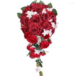 Wedding Flowers Red Bruidal Bridesmeisje Bouquet Cascading Artificial Rose Lily Holding Flower Ramo de Novia Boda