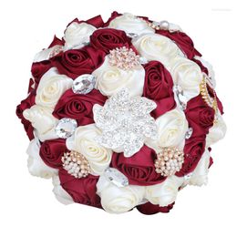 Wedding Flowers Rhinestone Bride Bridesmeisje broche Bouquet 18cm wijn rode parel diamant satijn rose promotie diy benodigdheden jh006