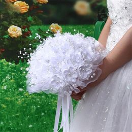 Flores de boda cinta Pearl Buidal Bouquet Artificial para la dama de honor Accesorios de titular de matrimonio