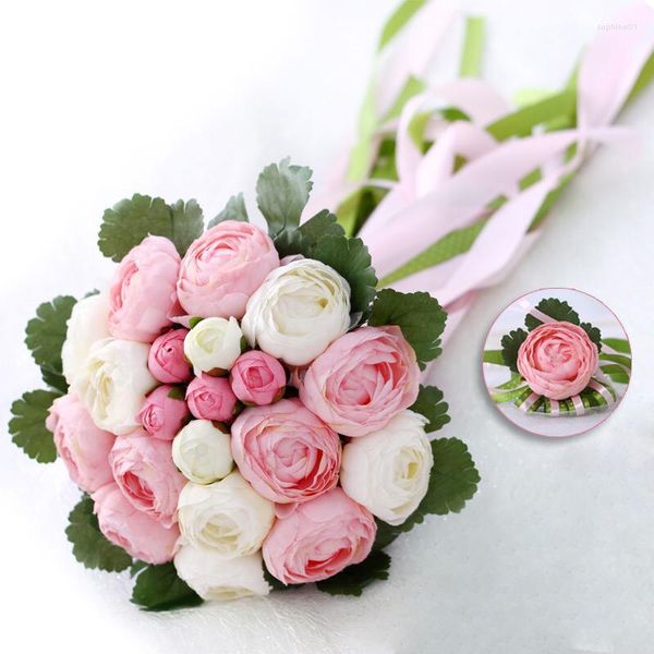 Flores de boda ramo romántico con cinta peonía artificial rosa verde accesorios nupciales