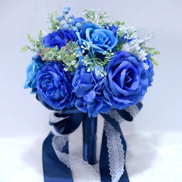 Fleurs de mariage Rose Soie Imitation Fleur Accessoires Bouquet De Mariée Mariée Bleu Royal