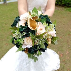 Flores de boda redondas Poney verde oscuro elegante y encantador ramo de novia de lirio de cala dorado dama de honor de 10 pulgadas