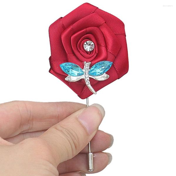 Flores de boda, Pin de satén, ojal, ramilletes de mariposa de cristal, boutonnieres, broche para traje de novio para hombre, fiesta XH1807