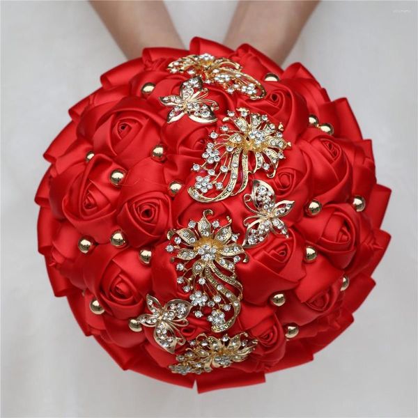 Fleurs de mariage vente Bouquet rouge pour mariée et demoiselle d'honneur or strass perle tenant fleur fête décoration en gros