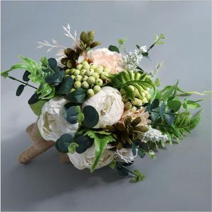 Fleurs de mariage SESTHFAR Bouquet de mariée Pivoines Rose Élégant Boho Eucalyptus Bouquets Avec Pivoine Vert Demoiselle D'honneur