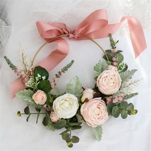 Flores de boda SESTHFAR Dusty Rose Pink Ramo de novia Lazo Mano Sosteniendo Flor Redonda Oro Metal Ins Romántico Pografía Accesorios
