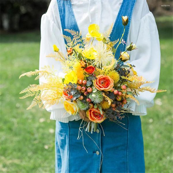 Fleurs de mariage SESTHFAR Vintage Bouquet de mariée jaune Eucalyptus artificiel blanc demoiselle d'honneur main fleur mariée Ramos De Novia