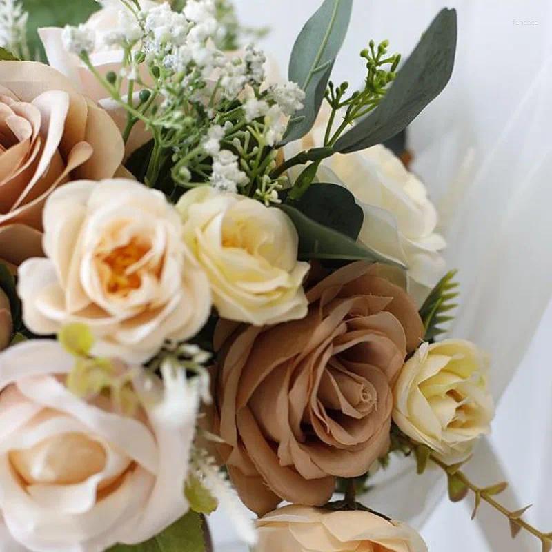 Wedding Flowers Simulated Rose Champagne Coffee Color Bride Bouquet