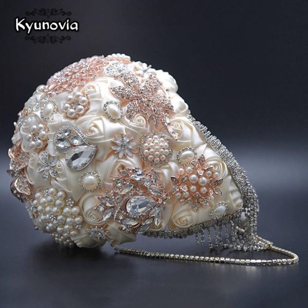 Fleurs de mariage SIVER cristal cascade ivoire Silk Rose Gol Brooch Bridel Bouquets Pearls Bouquet Cascading Teardrop 220r