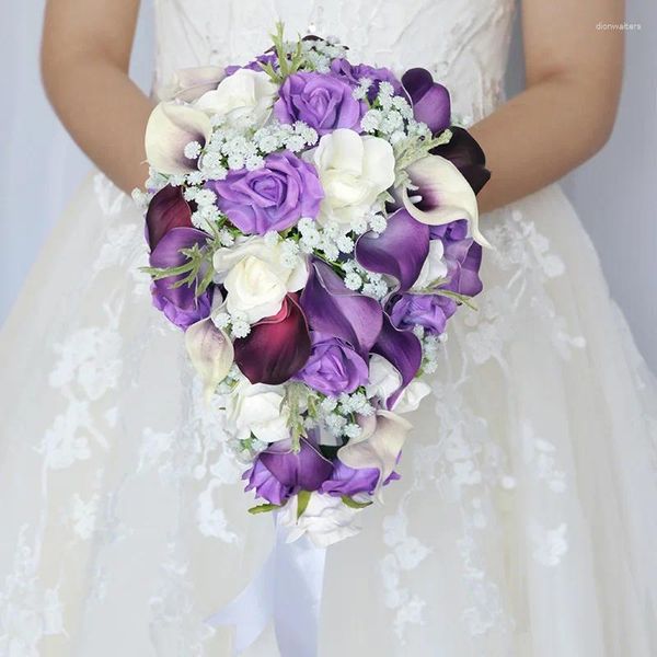 Flores de boda SoAyle ramo de novia púrpura PU Calla Lily gotas de agua mano sosteniendo flor decoración simulación