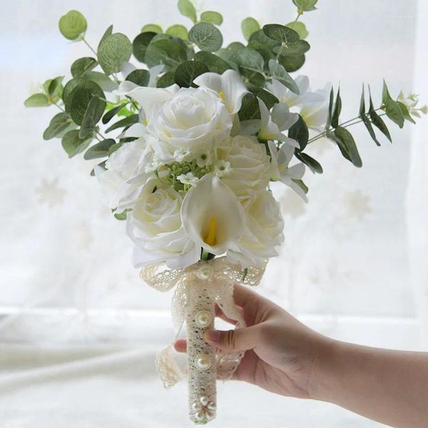 Flores de boda Estilo Ramo de novia artificial 2024 Dama de honor Real Touch White Calla Lily Bridal