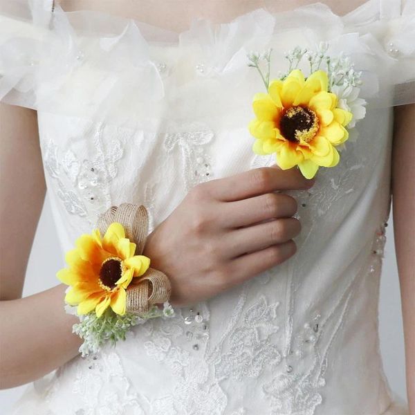 Flores de boda, ramillete de flores de muñeca de girasol, decoración de mano Artificial para novia, adorno para dama de honor, fiesta de graduación, regreso a casa