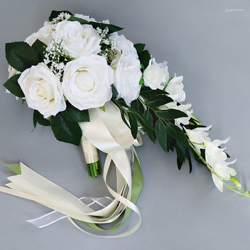 Bröllopsblommor Teardrop Romantisk brud Long Bouquet Artificial Rose med band Vattenfall Bunch Diy Party Decoration
