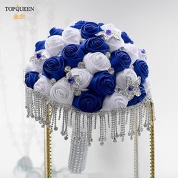 Bruiloft bloemen Topqueen Crystal Bridal Bouquet Handmade Royal Blue White Ribbon Rose Mariage Bouquets Tassel F4-RBLG