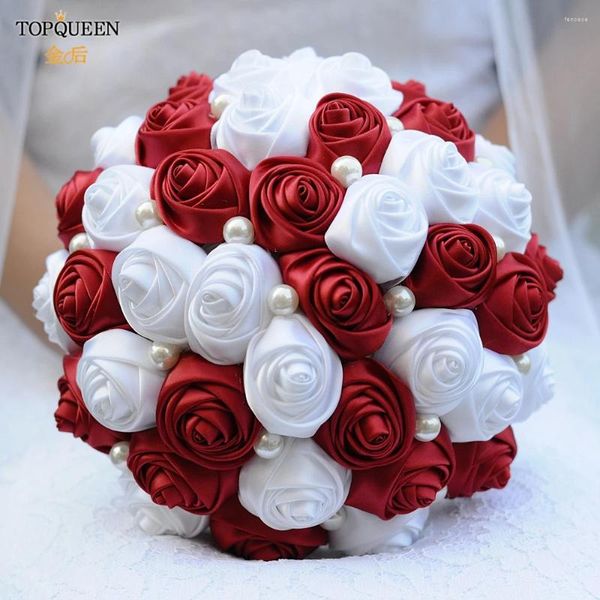 Fleurs de mariage Topqueen F4 Bouquet de mariée à la main avec une couleur rose artificielle peut personnaliser toutes les couleurs