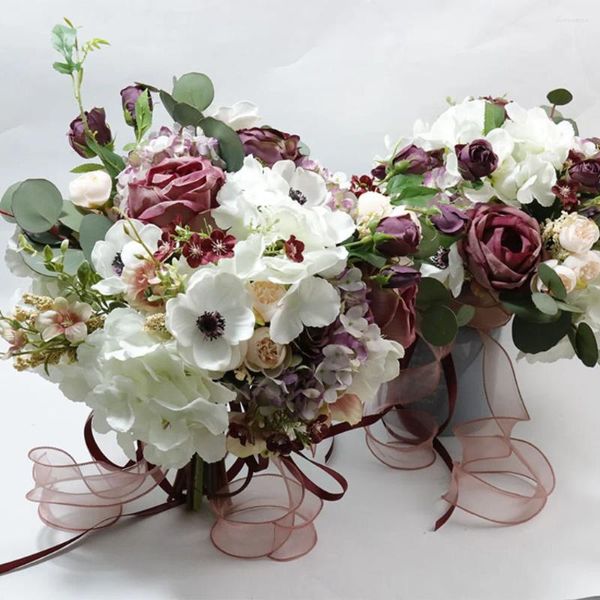 Fleurs De mariage Vintage violet foncé Bouquet pour demoiselle d'honneur mariée Roses en soie artificielle tenant De Novia Boda