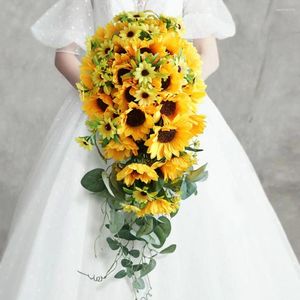 Fleurs de mariage Vintage Real-Awoke Artificial Sunflowers Bouquets for Bridesmaid Church Home Decor Gifts Yellow Flores Boda