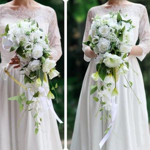 Fleurs de mariage goutte d'eau cascade mariée tenant blanc vert noeud Rose Bouquets de mariée WAS10154