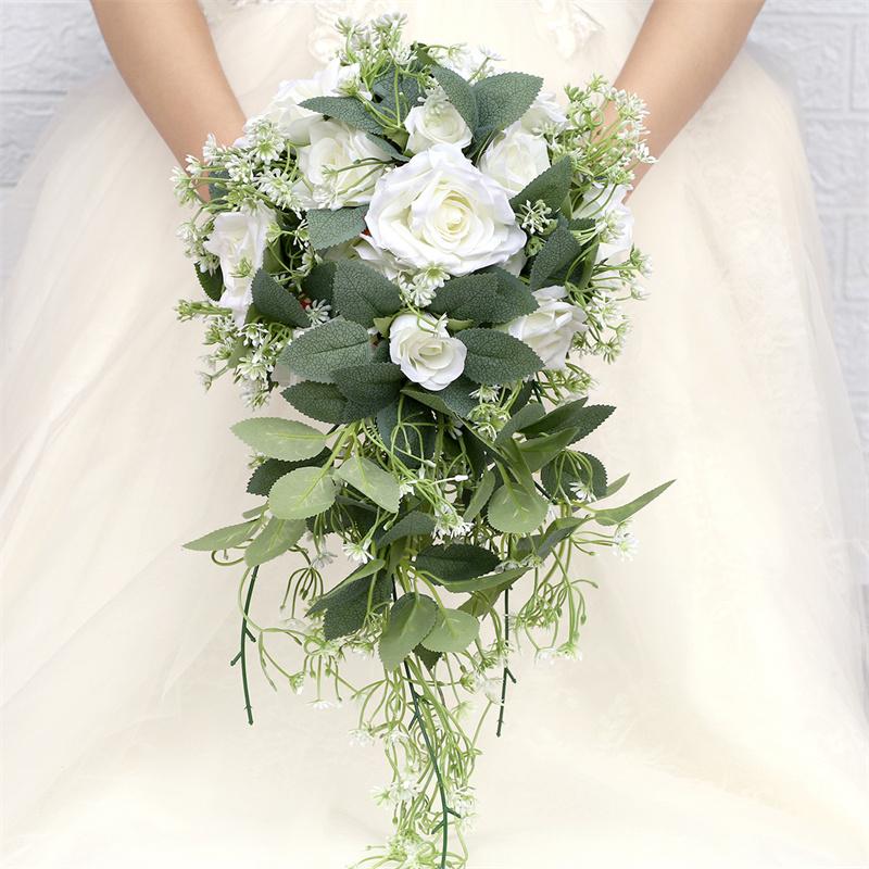 Flores de boda Cascada Ramo Verde Blanco Artificial Roese Nupcial Sosteniendo Vintage Village Drop Tipo Novia Decoración para el hogar